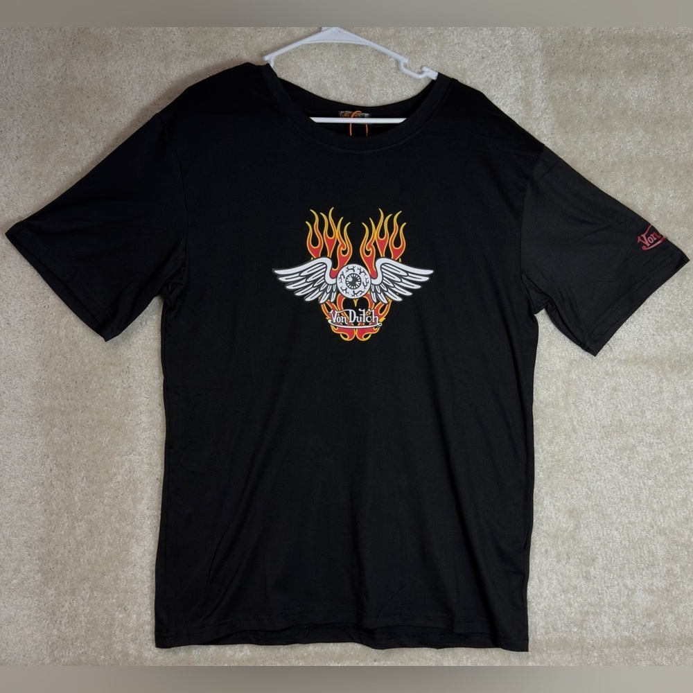 Von Dutch Black Tee with Winged Eyeball and Red-Yellow Flames